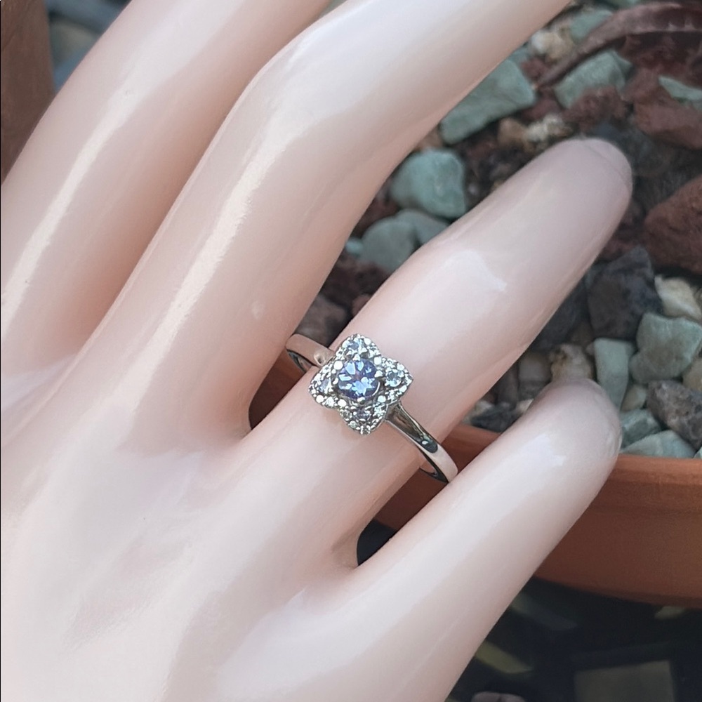 Natural Tanzanite and White Zircon Sterling Silver Ring Size 7 Clover Flower